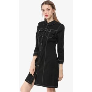 Allegra K 3/4 Sleeve Button Down Denim Shirt Dress in Black. Size M